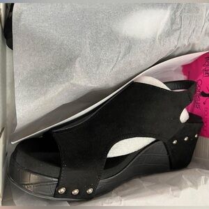 Corkys Black Suede Studded Wedge Sandals